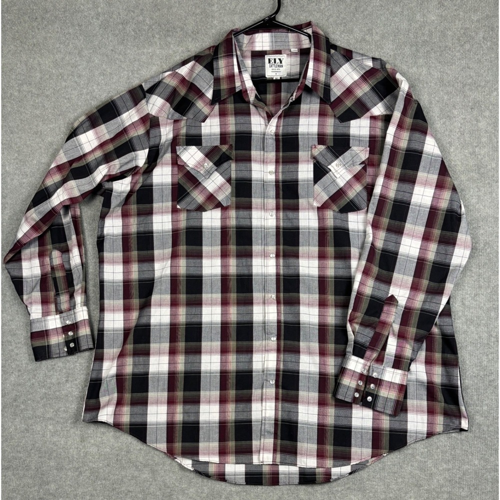 Ely Cattleman Western Pearl Snap Shirt 3XLT Plaid Burgundy Black White Tall